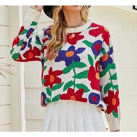 BiBi  Crewneck Floral Knit Sweater with Red, Blue, Green, Orange Flowers Size M - Picture 1 of 7